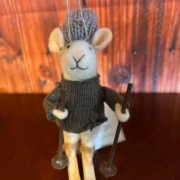 Felted Mouse Christmas Ornament On Skis With Knit Sweater & Hat By Silver Tree - Picture 7 of 7